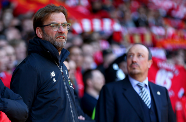 Klopp and Benitez on the touchline before kick-off. (Picture: Getty Images)