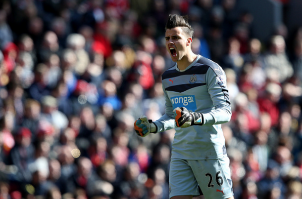 Darlow celebrates Newcastle's second goal in front of the away supporters. (Picture: Getty Images)