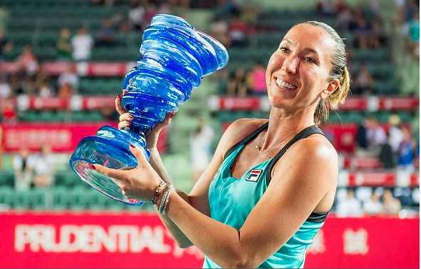 Jankovic hoists her champion's trophy at the 2015 Hong Kong Open