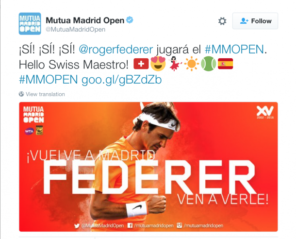 The tournament's official Twitter welcomed Federer's news. Credit: Mutua Madrid Open/Twitter