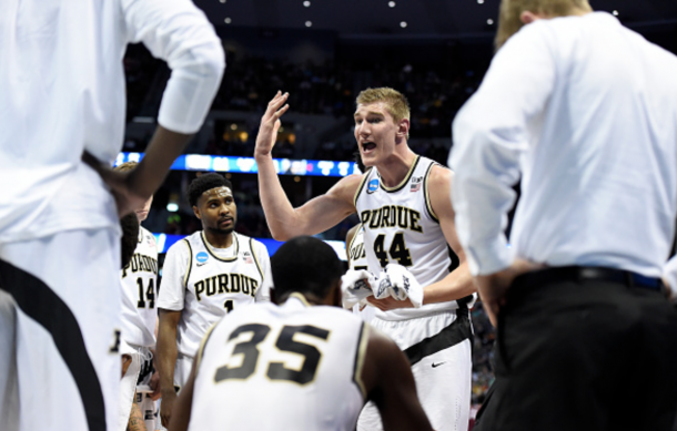 Isaac Haas (44) of the Purdue Boilermakers talks to the bench during a timeout in the first half against Arkansas Little Rock Trojans during the first half of their first round NCAA Tournament game on Thursday, March 17, 2016. (Photo by AAron Ontiveroz/The Denver Post via Getty Images)