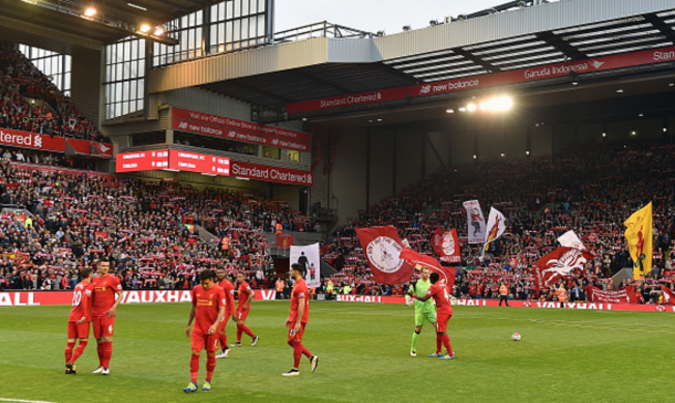 The Liverpool squad in front of the Kop before kick-off. (Picture: Getty Images)