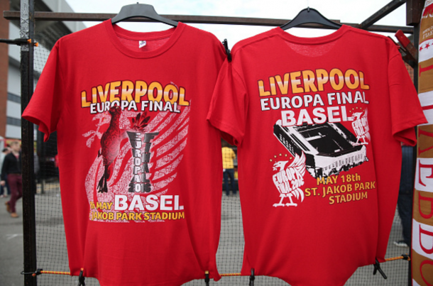 T-shirts outside Anfield celebrate the Reds reaching the UEFA Europa League final. (Getty Images)