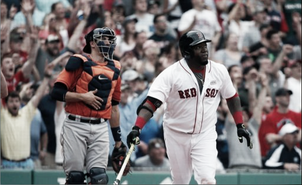 David Ortiz looks on as his walk-off double sails into deep center field. | AP 