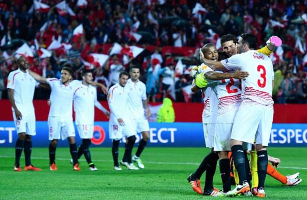 Sevilla celebrate beating Shakhtar to seal a third consecutive berth in the final. (Picture: Getty Images)