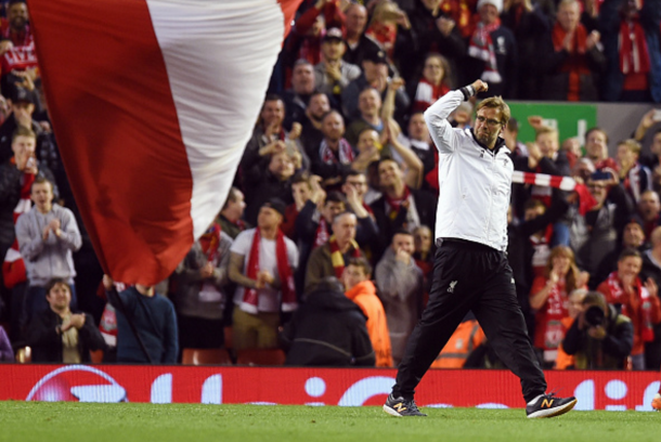 Klopp celebrates with the Liverpool supporters after reaching the final. (Picture: Getty Images)