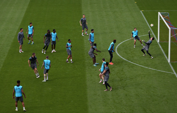 Origi, in the orange boots a few yards from goal, trains the night prior to the final. (Picture: Getty Images)