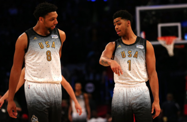 Jahlil Okafor #8 of the Philadelphia Sixers and D'Angelo Russell #1 of the Los Angeles Lakers and the United States team talk on court in the second half against the World team during the BBVA Compass Rising Stars Challenge 2016 at Air Canada Centre on February 12, 2016 in Toronto, Canada. (Elsa/Getty Images)