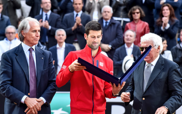 Novak Djokovic (SRB) during the awards of ATP Final match between Djokovic (SRB) - Murray (GBR) at the Internazionali BNL d'Italia 2016 at the Foro Italico on May 15, 2016 in Rome, Italy. (Photo by Giuseppe Maffia / DPI / NurPhoto via Getty Images)