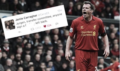 Jamie Carragher voices his opinion on Alberto Moreno on Twitter (image: The Guardian & Twitter)