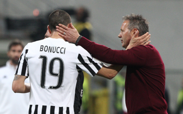 Milan coach Sinisa Mihajlovic and Juventus defender Leonardo Bonucci (19) during the Serie A football match n.32 MILAN - JUVENTUS on 09/04/16 at the Stadio Giuseppe Meazza in Milan, Italy. (Photo by Matteo Bottanelli/NurPhoto via Getty Images)