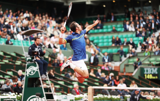 Radek Stepanek of the Czech Republic plays a shot during the Men's Singles first round match against Andy Murray of Great Britain on day three of the 2016 French Open at Roland Garros on May 24, 2016 in Paris, France . (Photo by Ian MacNicol/Getty Images)