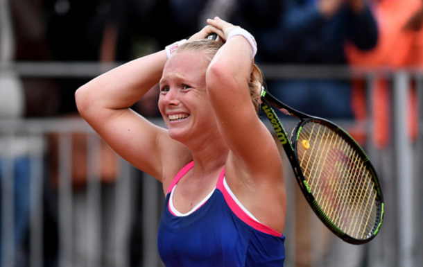 Kiki Bertens of Netherlands celebrates victory during the Ladies Singles third round match against Daria Kasatkina of Russia on day seven of the 2016 French Open at Roland Garros on May 28, 2016 in Paris, France. (Photo by Dennis Grombkowski/Getty Images)