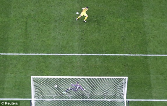 An arieal view of Romania's penalty, shows Lloris diving the wrong way Photo: Reuters