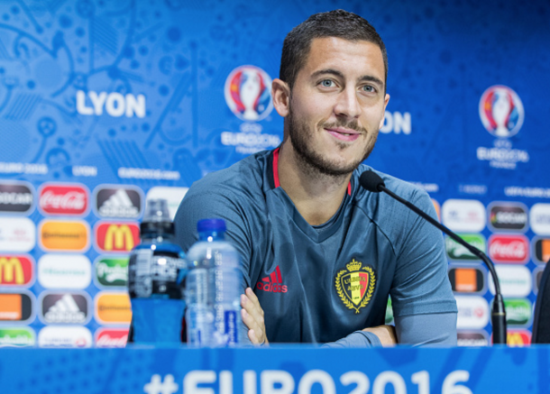 Hazard speaking to the press on Sunday in France. (Picture: Getty Images)