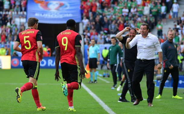 Lukaku and Wilmots celebrate together after the striker's opening goal in the 48th minute. (Picture: Getty Images)