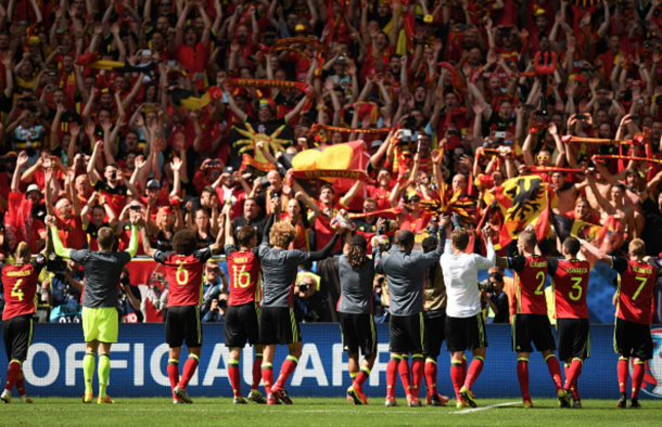 The Belgium players thank their supporting contingent after the final whistle. (Picture: Getty Images)