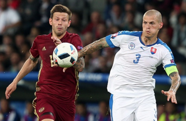 Skrtel, donning the captain's armband, helped Slovakia to a maiden Euros win. (Picture: Getty Images)