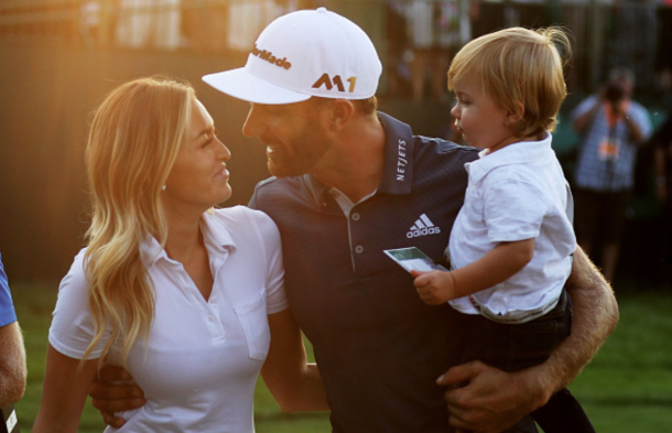 Dustin Johnson of the United States celebrates with partner Paulina Gretzky and son Tatum after winning the U.S. Open at Oakmont Country Club on June 19, 2016 in Oakmont, Pennsylvania. (Photo by David Cannon/Getty Images)