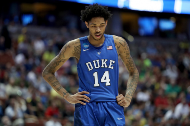 Brandon Ingram #14 of the Duke Blue Devils looks down in the second half while taking on the Oregon Ducks in the 2016 NCAA Men's Basketball Tournament West Regional at the Honda Center on March 24, 2016 in Anaheim, California. (March 23, 2016 - Source: Sean M. Haffey/Getty Images North America)