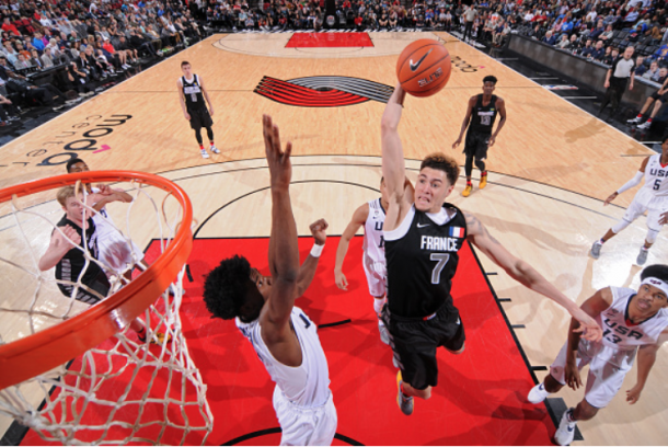 Cordinier in action for the World team against the USA team in the Nike Hoop Summit (Photo by Sam Forencich)