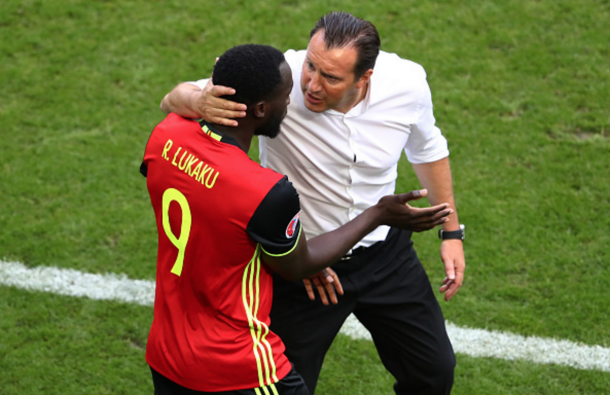 Lukaku speaks to Wilmots after scoring against Ireland earlier in the tournament. (Picture: Getty Images)