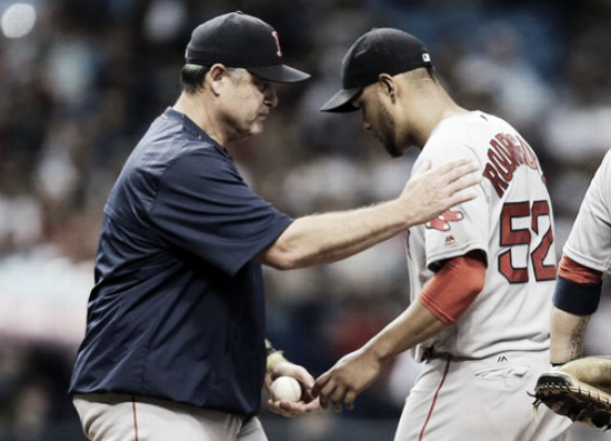 It was a rough night for Red Sox starter Eduardo Rodriguez and manager John Farrell, who called a team meeting following the loss. | AP