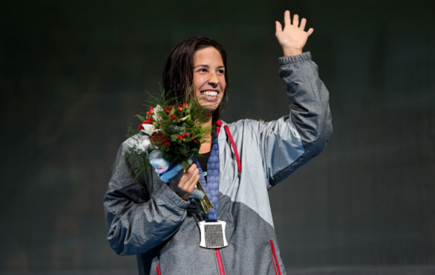 Maya DiRado of the United States participates in the medal ceremony for the Women's 400 Meter Individual Medley during Day One of the 2016 U.S. Olympic Team Swimming Trials at CenturyLink Center on June 26, 2016 in Omaha, Nebraska. (Photo by Tom Pennington/Getty Images)