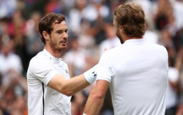 Andy Murray of Great Britain and Liam Broady of Great Britain shake hands during the Men's Singles first round match on day two of the Wimbledon Lawn Tennis Championships at the All England Lawn Tennis and Croquet Club on June 28, 2016 in London, England. (Photo by Clive Brunskill/Getty Images)