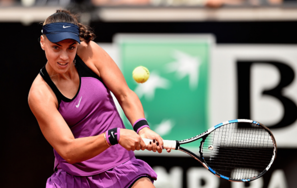 Ana Konjuh of Croatia plays a backhand in her match against Heather Watson of Great Britain on Day One of The Internazionali BNL d'Italia 2016 on May 08, 2016 in Rome, Italy. (Photo by Dennis Grombkowski/Getty Images)