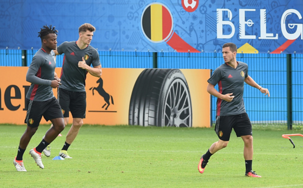 Batshuayi and Meunier in national team training on the eve of the Wales game. (Picture: Getty Images)