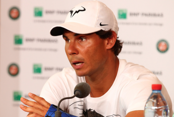 Rafael Nadal of Spain announces during a press conference that he is withdrawing from the tournament due to a wrist injury on day six of the 2016 French Open at Roland Garros on May 27, 2016 in Paris, France. (Photo by Clive Brunskill/Getty Images)