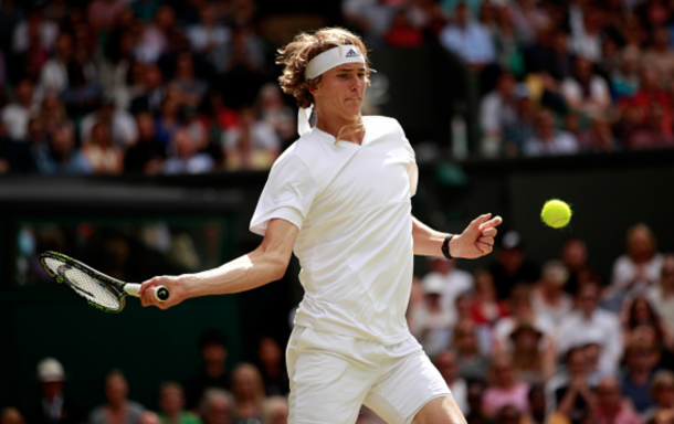 Alexander Zverev of Germany plays a forehand during the Men's Singles third round match against Tomas Berdych of The Czech republic on Middle Sunday of the Wimbledon Lawn Tennis Championships at the All England Lawn Tennis and Croquet Club on July 3, 2016 in London, England. (Photo by Adam Pretty/Getty Images)
