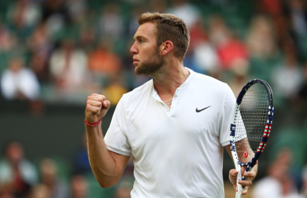 Jack Sock of The United States celebrates during the Men's Singles third round match against Milos Raonic of Canada on day six of the Wimbledon Lawn Tennis Championships at the All England Lawn Tennis and Croquet Club on July 2, 2016 in London, England. (Photo by Julian Finney/Getty Images)
