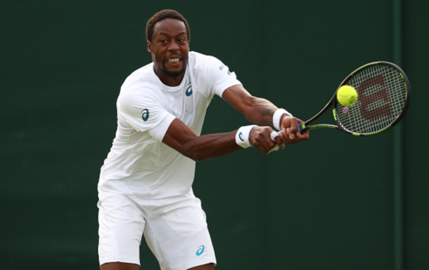 Gael Monfils of France plays a backhand shot during the Men's Singles first round match against Jeremy Chardy of France on day one of the Wimbledon Lawn Tennis Championships at the All England Lawn Tennis and Croquet Club on June 27th, 2016 in London, England. (Photo by Julian Finney/Getty Images)