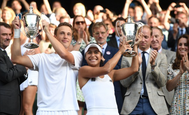 Kontinen (L) and Heather Watson in the Royal Box with their Mixed Doubles title at Wimbledon (Andy Hopper/Daily Mail)