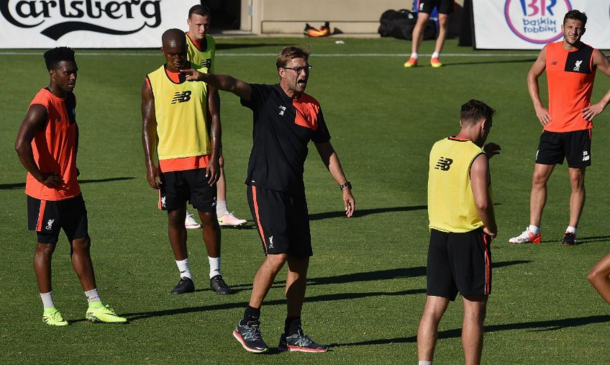 Klopp instructs his players in first-team training at Stanford earlier this week. (Picture: Liverpool FC via Getty Images)