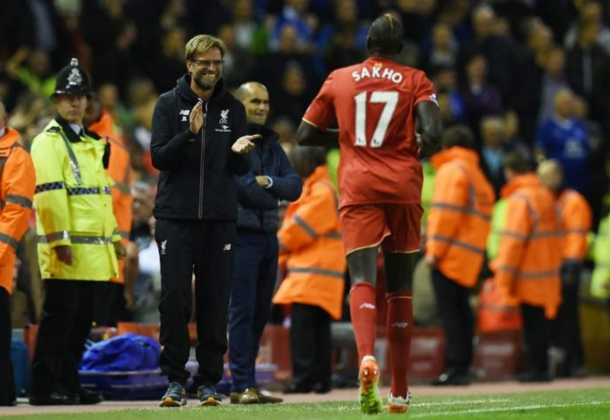 Klopp and Sakho on the player's last appearance, a 4-0 win over Everton in which he scored. (Picture: Getty Images)