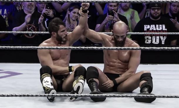 Gargano and Ciampa sit in the ring as one of the most touching moments of the competition (image: WWE NETWORK)