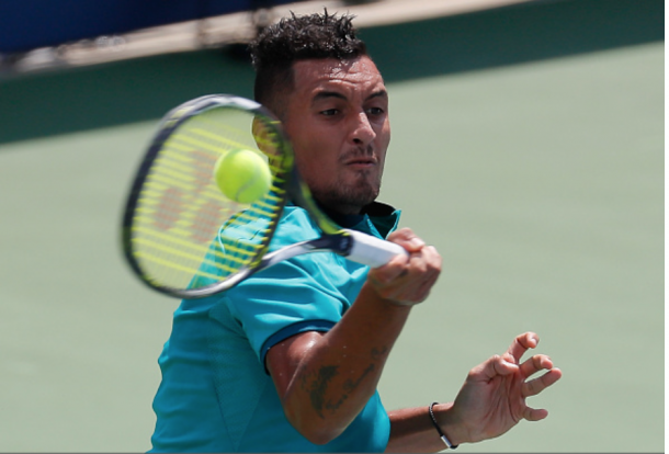Kyrgios rips a forehand winner down the line. Credit: Kevin Cox/Getty Images