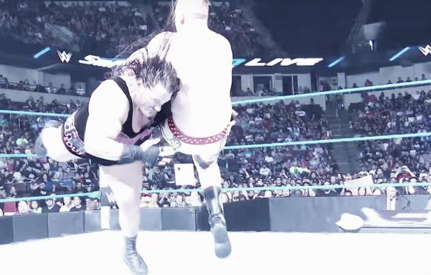 Rhyno hits Heath Slater with the gore to cost him his SmackDown Live contract (image: youtube,com)
