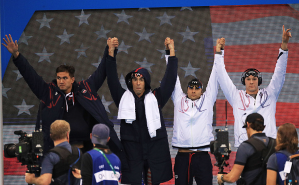 Adrian, Phelps, Miller, and Murphy all walk out before the race (Tom Pennington/Getty Images)
