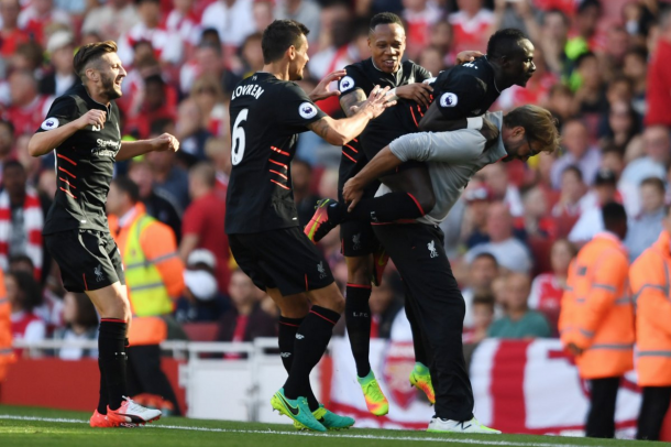 Klopp was involved in the celebrations after Mane's goal, Liverpool's fourth. (Picture: Getty Images)