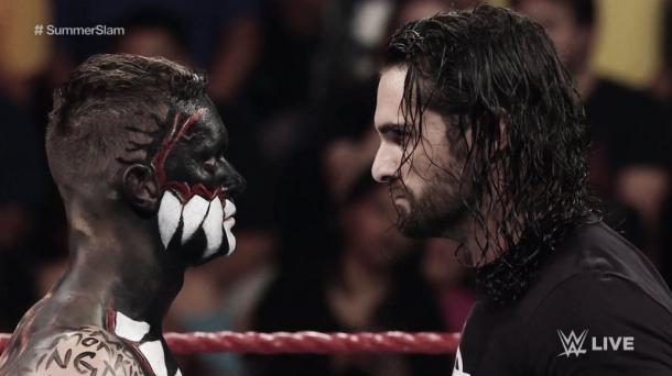 Seth Rollins stares into the eyes of The Demon King (image: twitter)