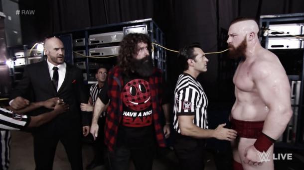 Mick Foley gets in the middle of Cesaro and Sheamus' confrontation (image: twitter)