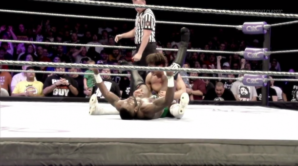 Kota Ibushi knocked out Cedric Alexander after hitting the Golden-Star powerbomb! (image: WWE Network)