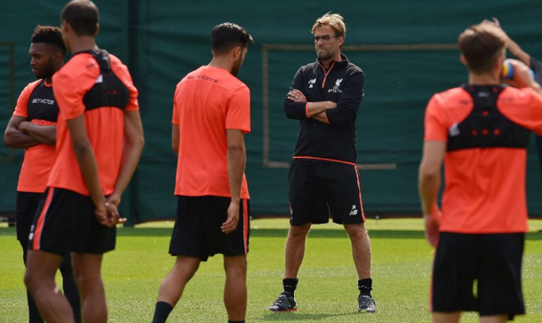 Klopp oversees training at Melwood on Thursday. (Picture: Liverpool FC via Getty Images)