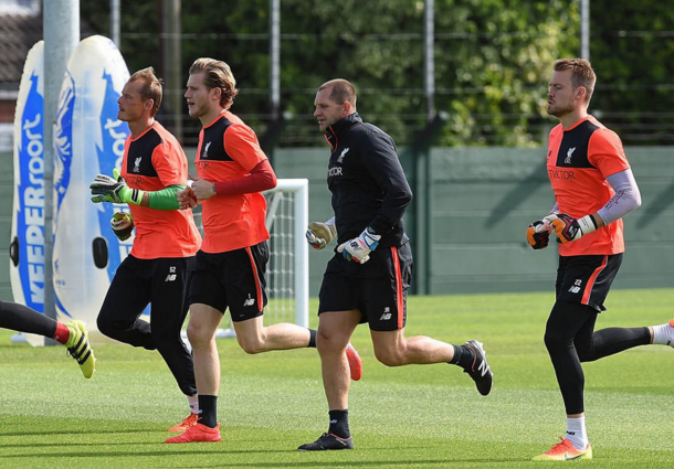 Karius trains along Mignolet and Alex Manninger at Melwood earlier this week. (Picture: Getty Images)