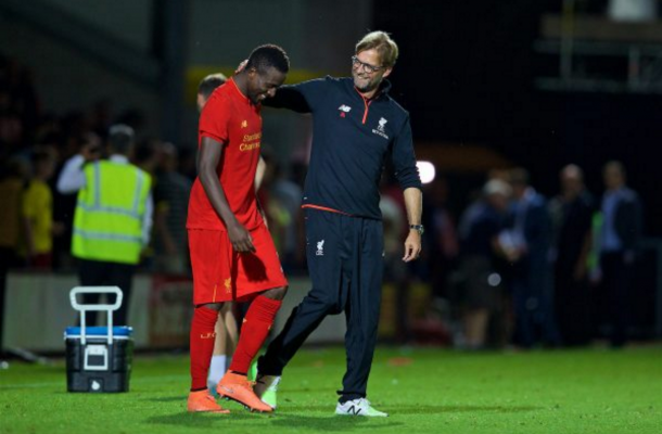 Klopp and Origi, who scored the game's opening goal, share a laugh on Tuesday night. (Picture: This is Anfield)