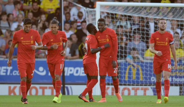 Origi and Mane celebrate together after the game's opening goal. (Picture: Sky Sports)